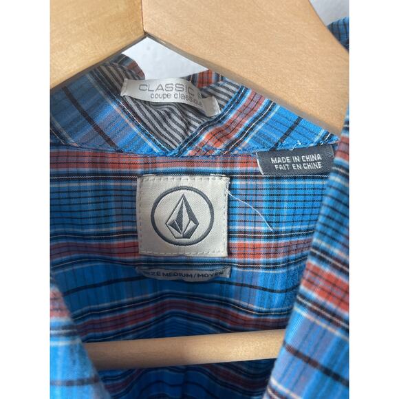 Volcom Mens Plaid Shirt Button Up Blue Orange Short Sleeve Classic Fit Medium - Picture 6 of 6